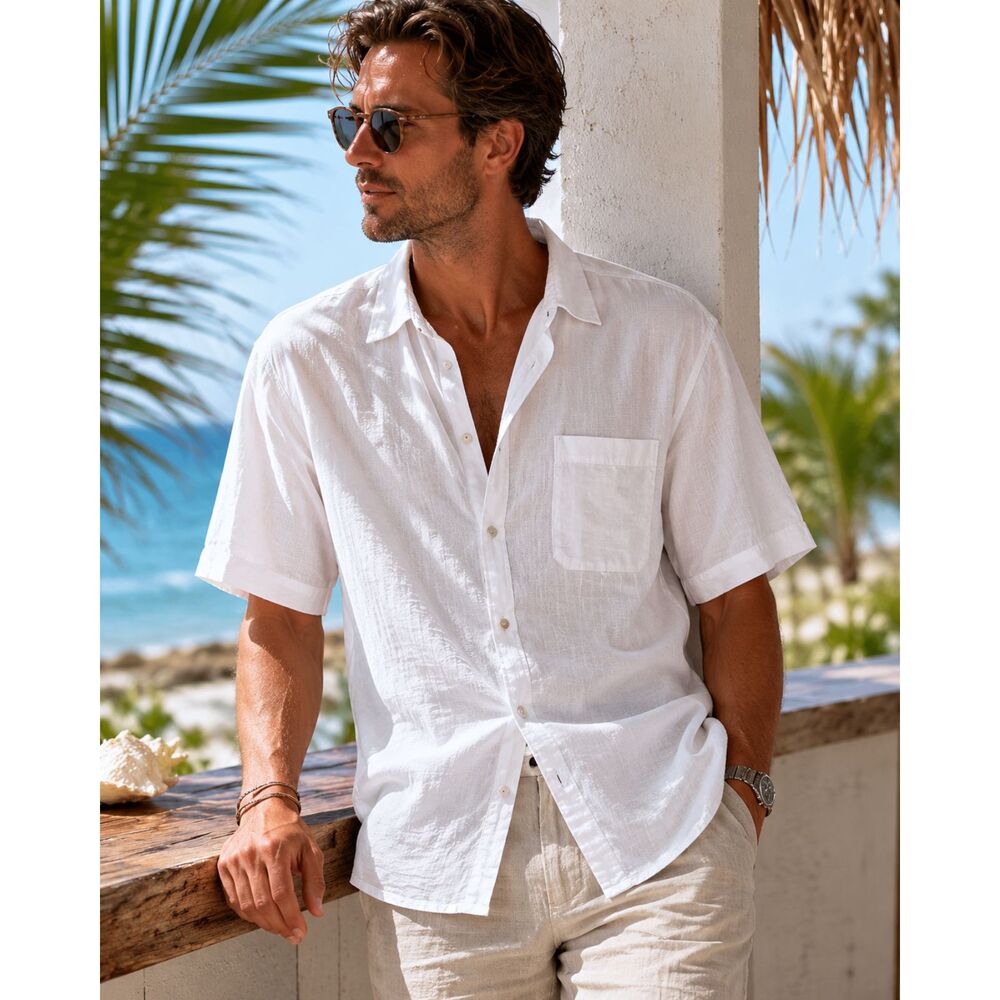 Robert Stock White Ramie Cotton Men's L Button Up Shirt Short Sleeve Beach